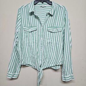 Beach Lunch Lounge Green White Stripe Tie Front Button Shirt XL Vacation Weekend